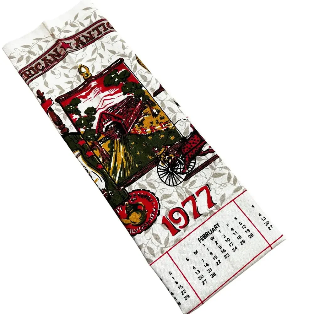 Vintage 1977 linen kitchen tea towel calendar dish cloth olive green deep red